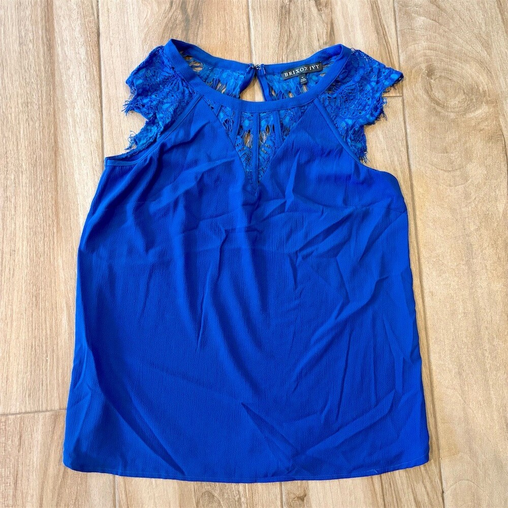Brixton Ivy Blouse Womens Size M Cobalt Blue Lace Cap Sleeve V-Neck Top
